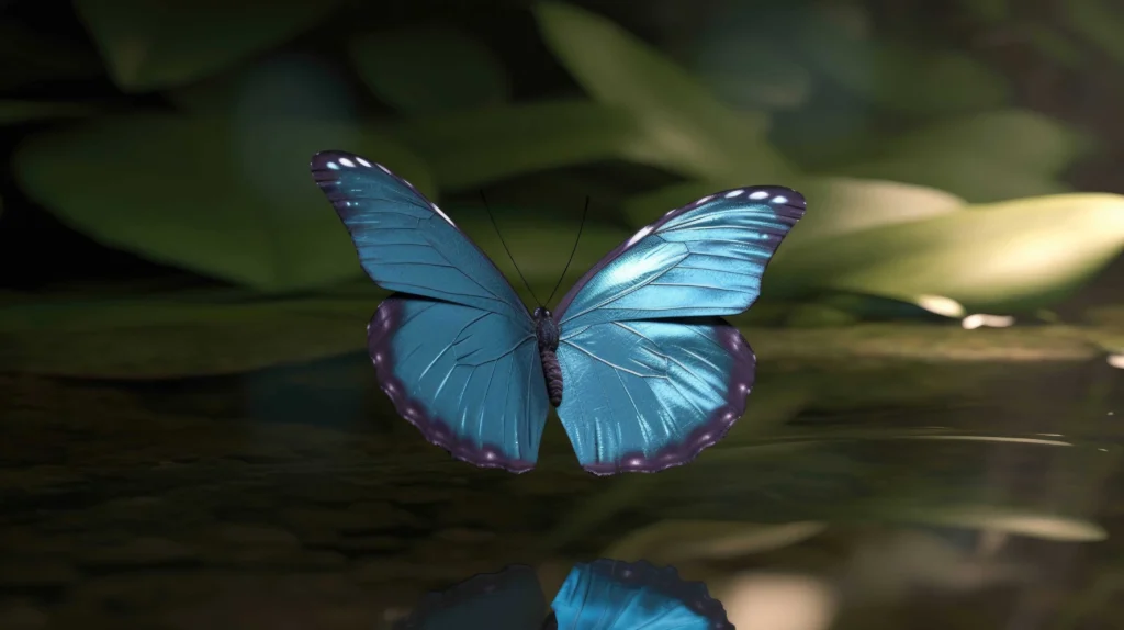 Morpho butterfly hovering above a reflective water surface surrounded by lush green leaves
