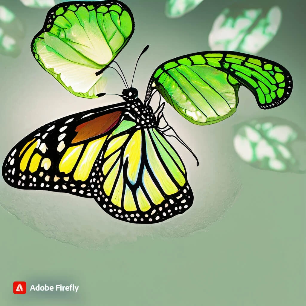 green monarch butterfly with broken wings