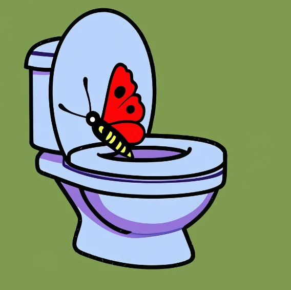 red butterfly sitting on commode art