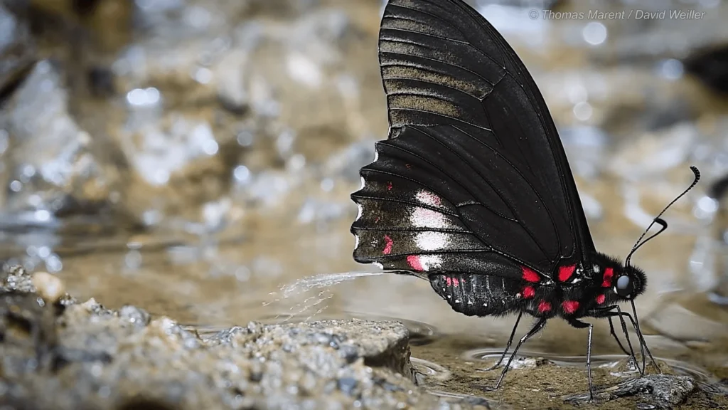 red and black butterfly peeing on stones under waterfall