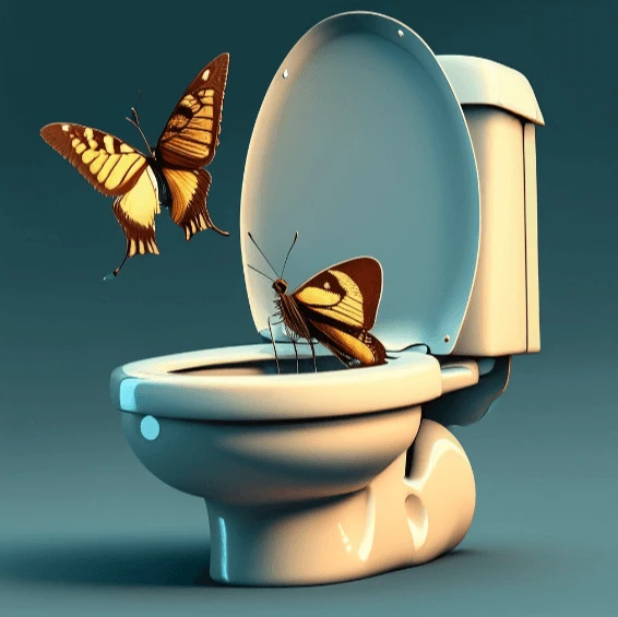 two yellow and black butterflies peeing in toilet art