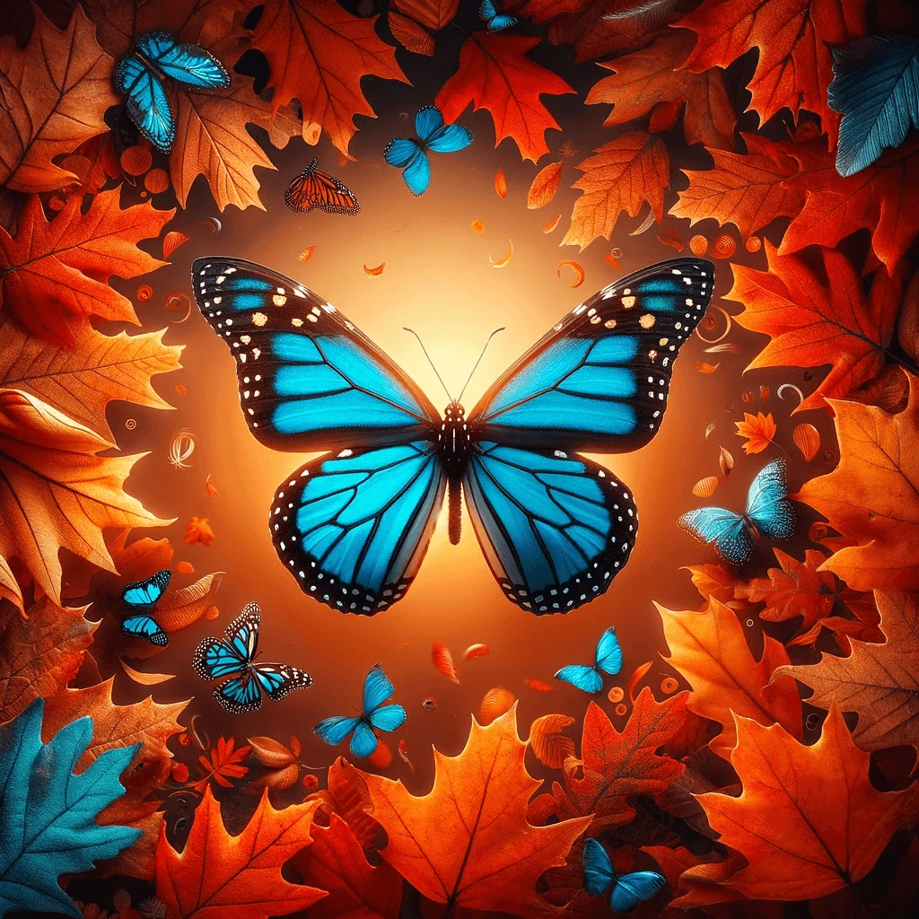 Blue monarch butterfly flying among vibrant autumn leaves