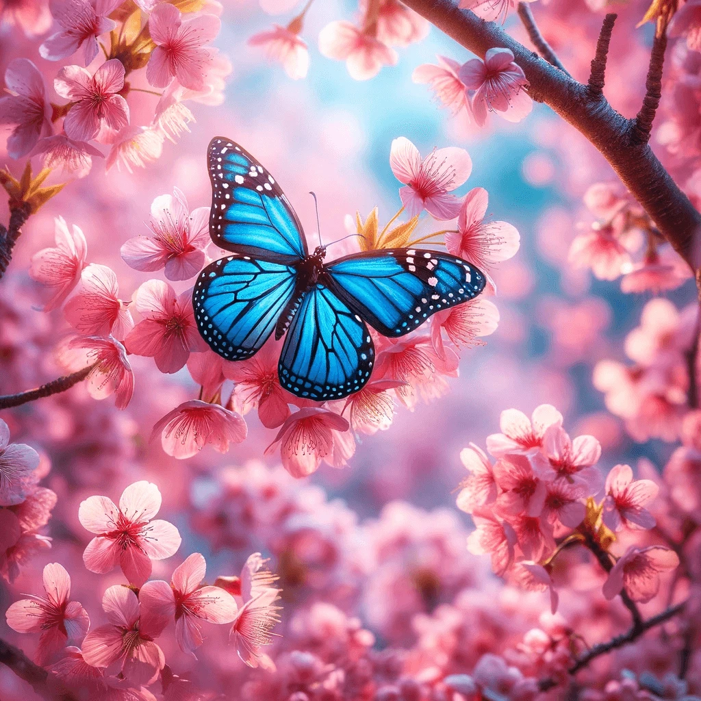 Blue monarch butterfly among bright cherry blossoms in spring