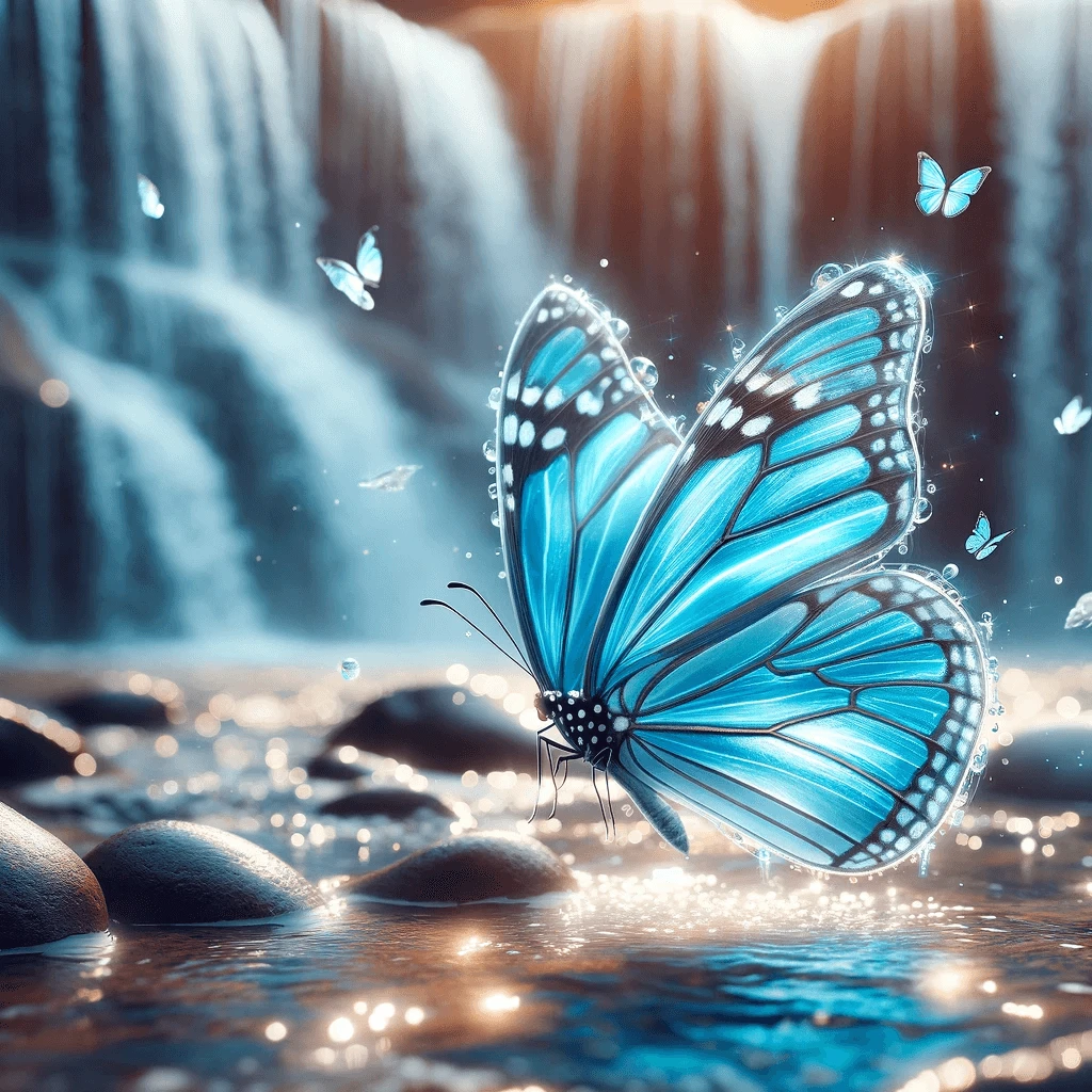 Translucent-winged blue monarch butterfly fluttering near a waterfall