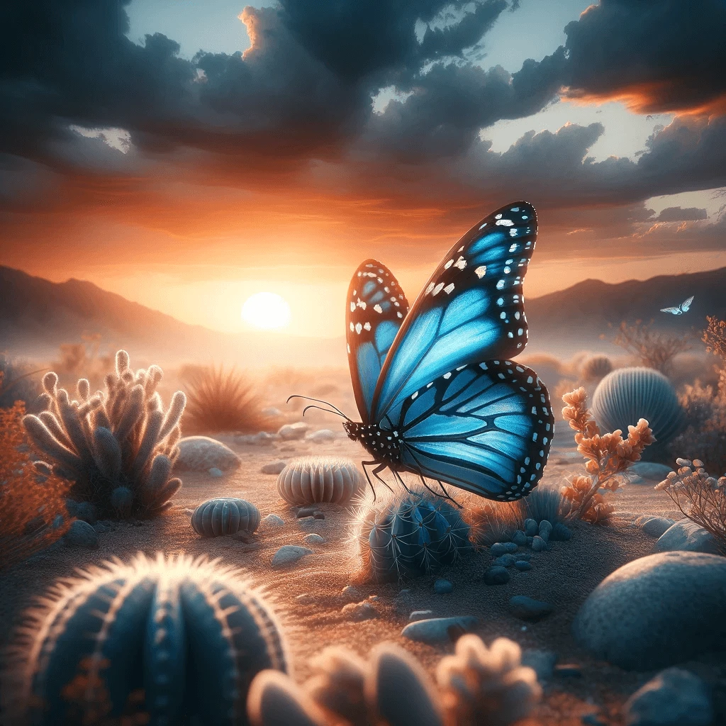 Blue monarch butterfly in a desert with a dramatic sunset background