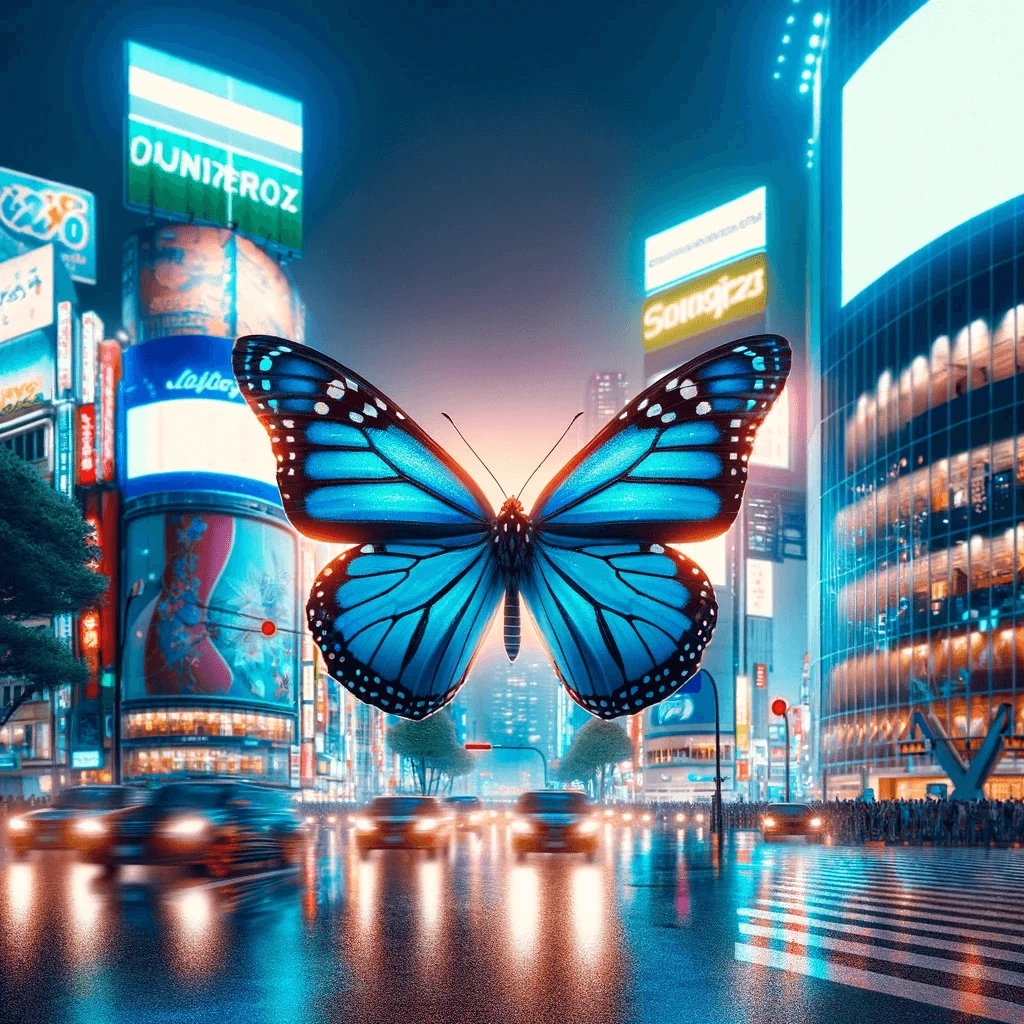 Blue monarch butterfly amidst a cityscape at night with neon reflections