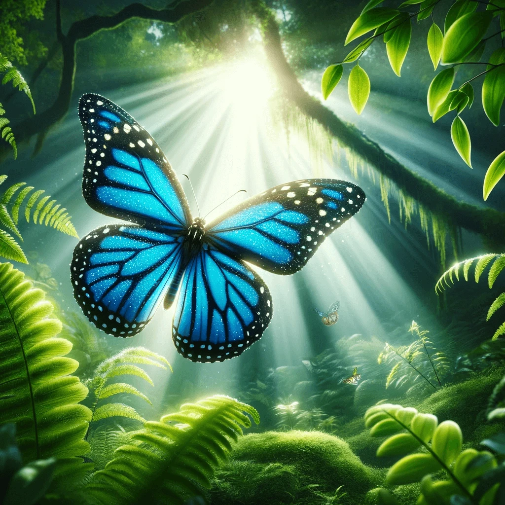 Blue monarch butterfly in a lush green rainforest with sunlight shining through