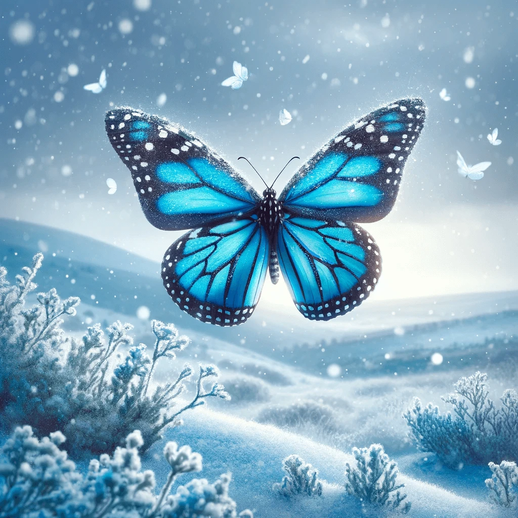 Blue monarch butterfly over a snowy landscape with falling snowflakes
