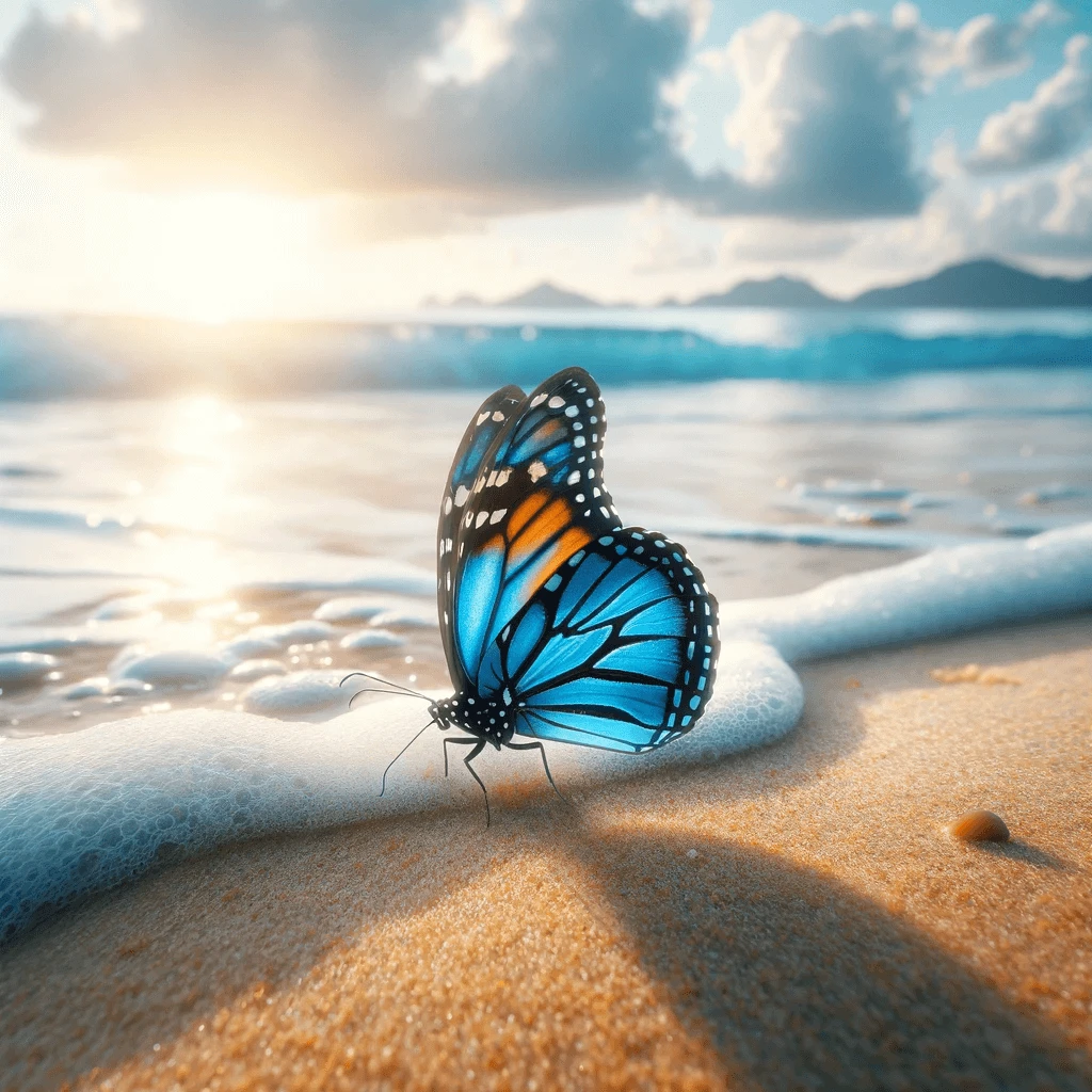 Blue monarch butterfly on a sandy beach with ocean waves in the background