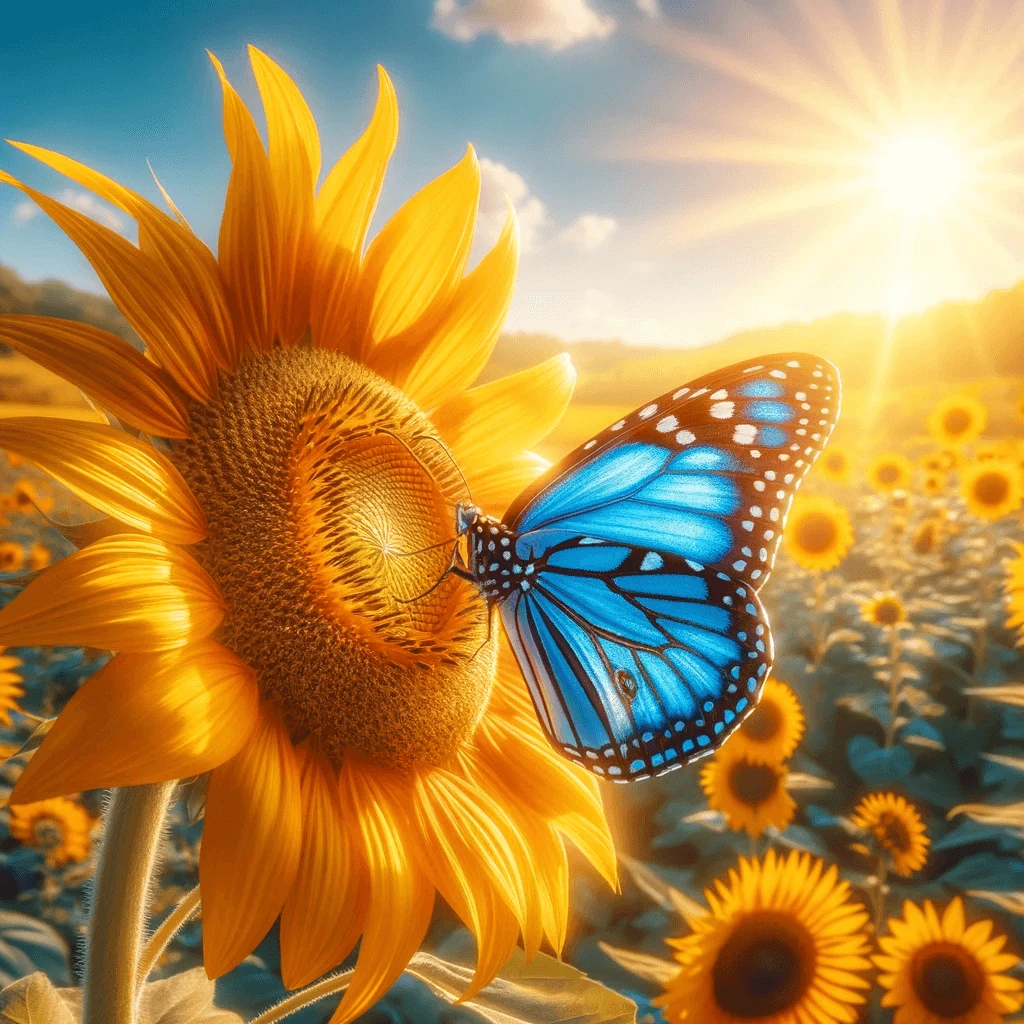 Blue monarch butterfly perched on a vibrant sunflower
