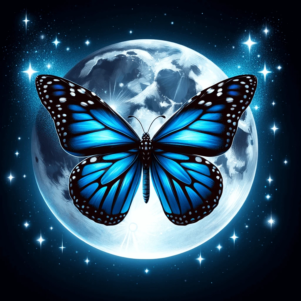 Blue monarch butterfly on a moonlit night with stars in the background