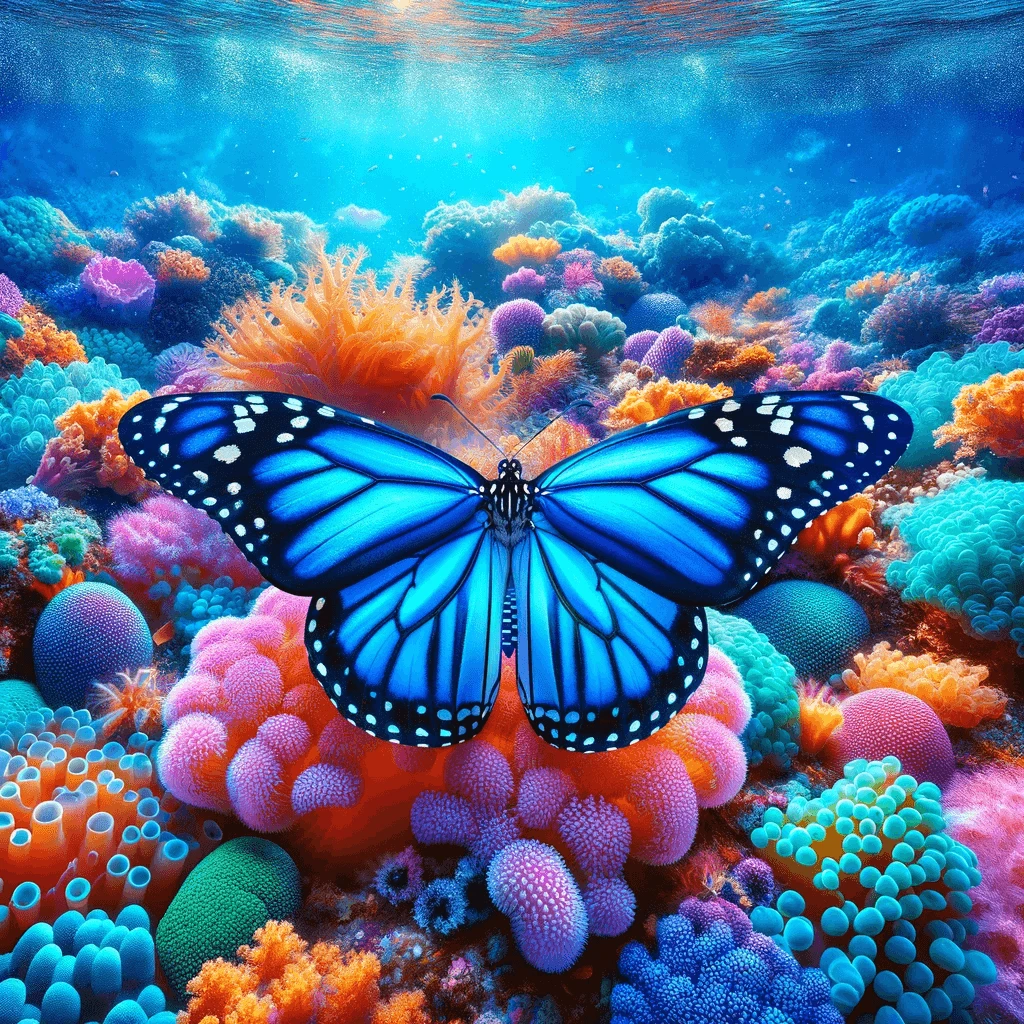 Blue monarch butterfly on a colorful coral reef underwater